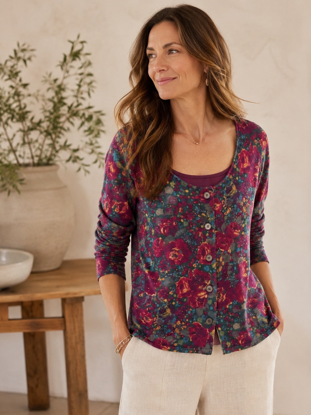J. Jill Merlot Emerald Floral Cardigan sweater Velvet Trim 100% cotton Sz LP